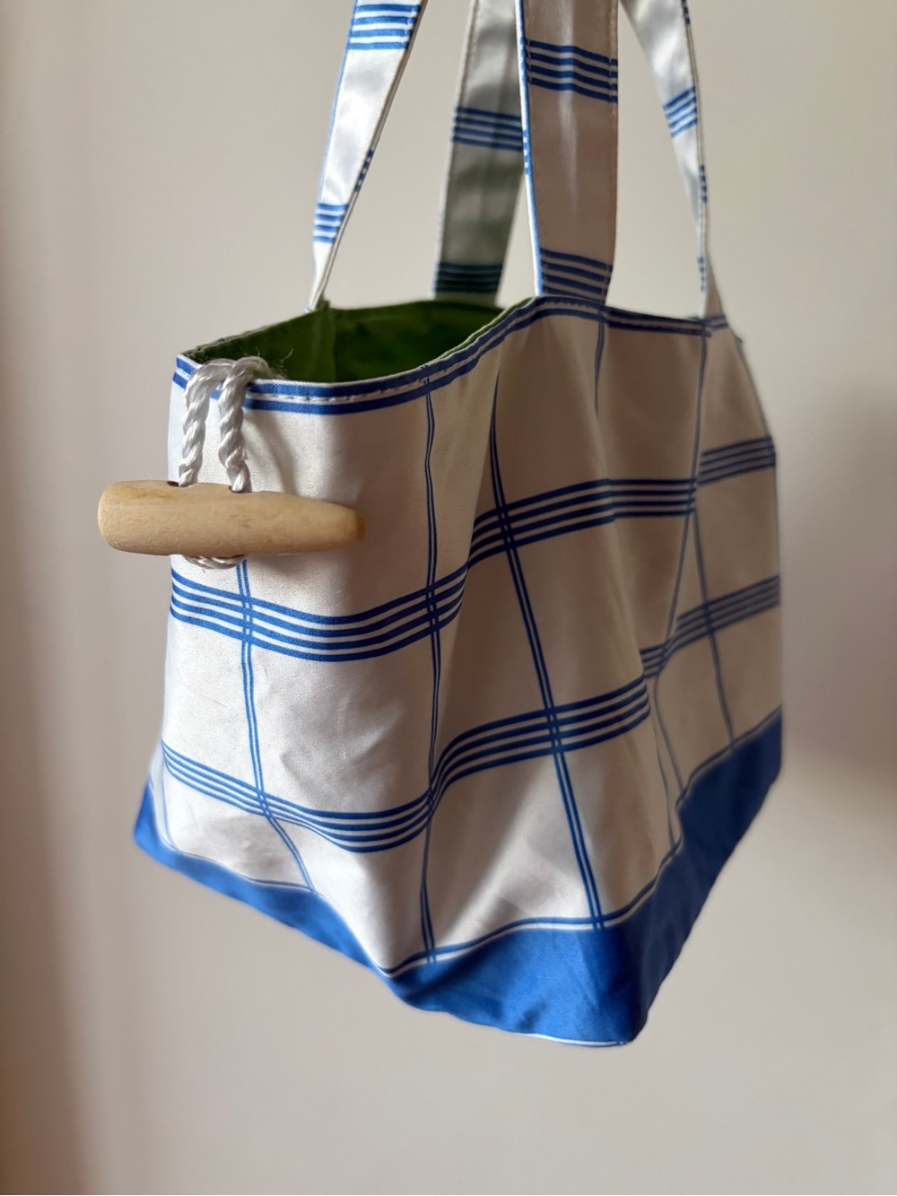 REPELLER Blue & White Plaid small Tote Bag with Green Lining + Wood Button